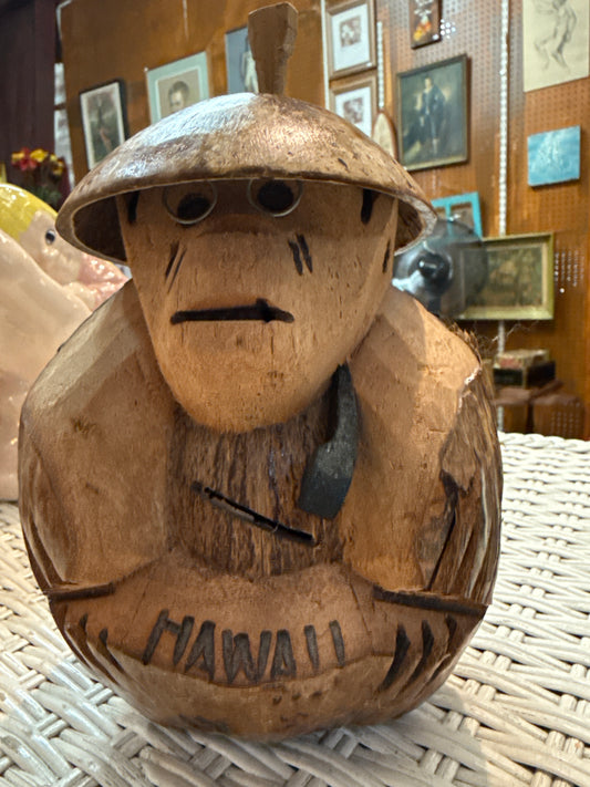 Vintage Carved Coconut Figurine – Hawaii Souvenir Tiki Folk Art – Angry Island Spirit?