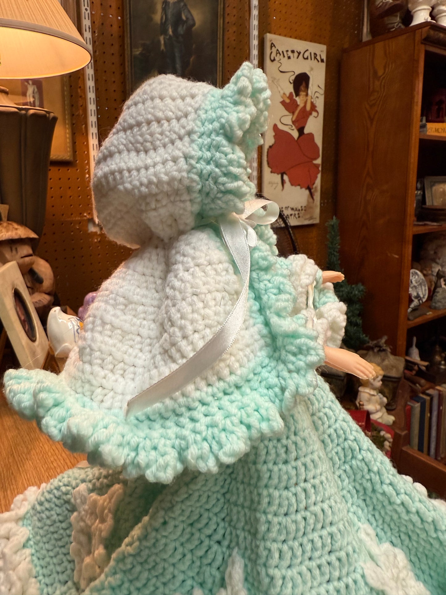 The Quiet Visitor — Handmade Crocheted Doll in Turquoise with Muff Hand Warmer