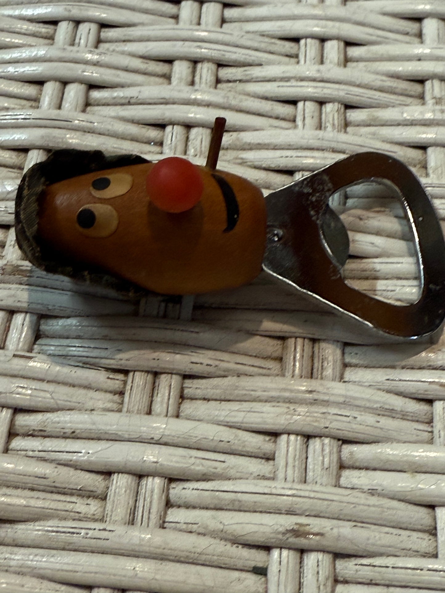 Vintage Wooden Bottle Opener – Creepy Figural Face w/ Pipe & Hat – Odd Barware
