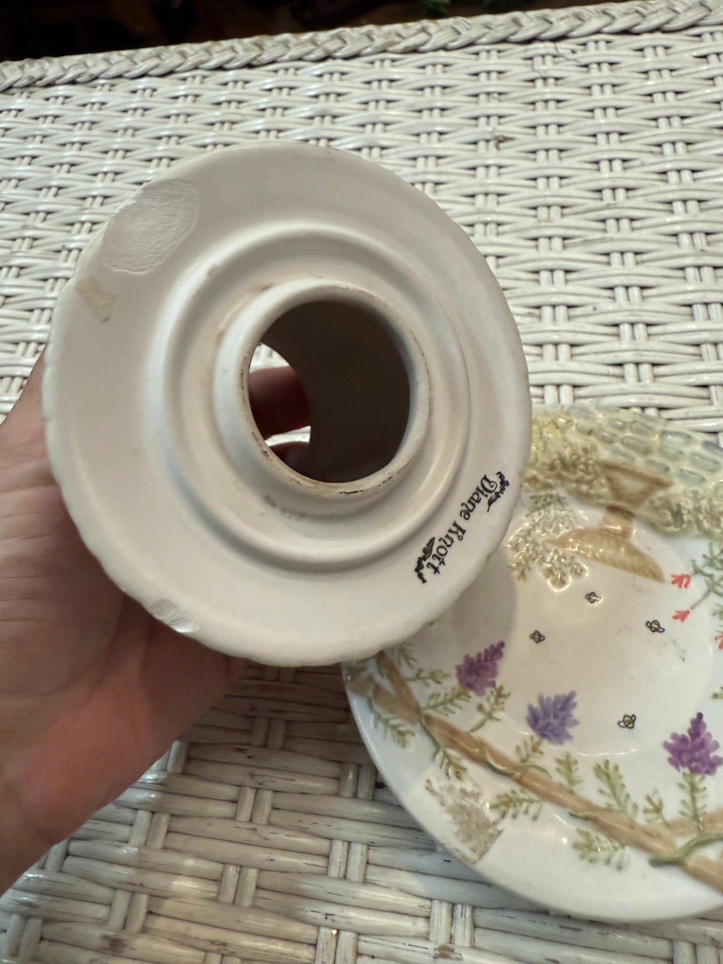 Diane Knott Candle Topper & Plate Set – Beehive Garden Scene – Ceramic