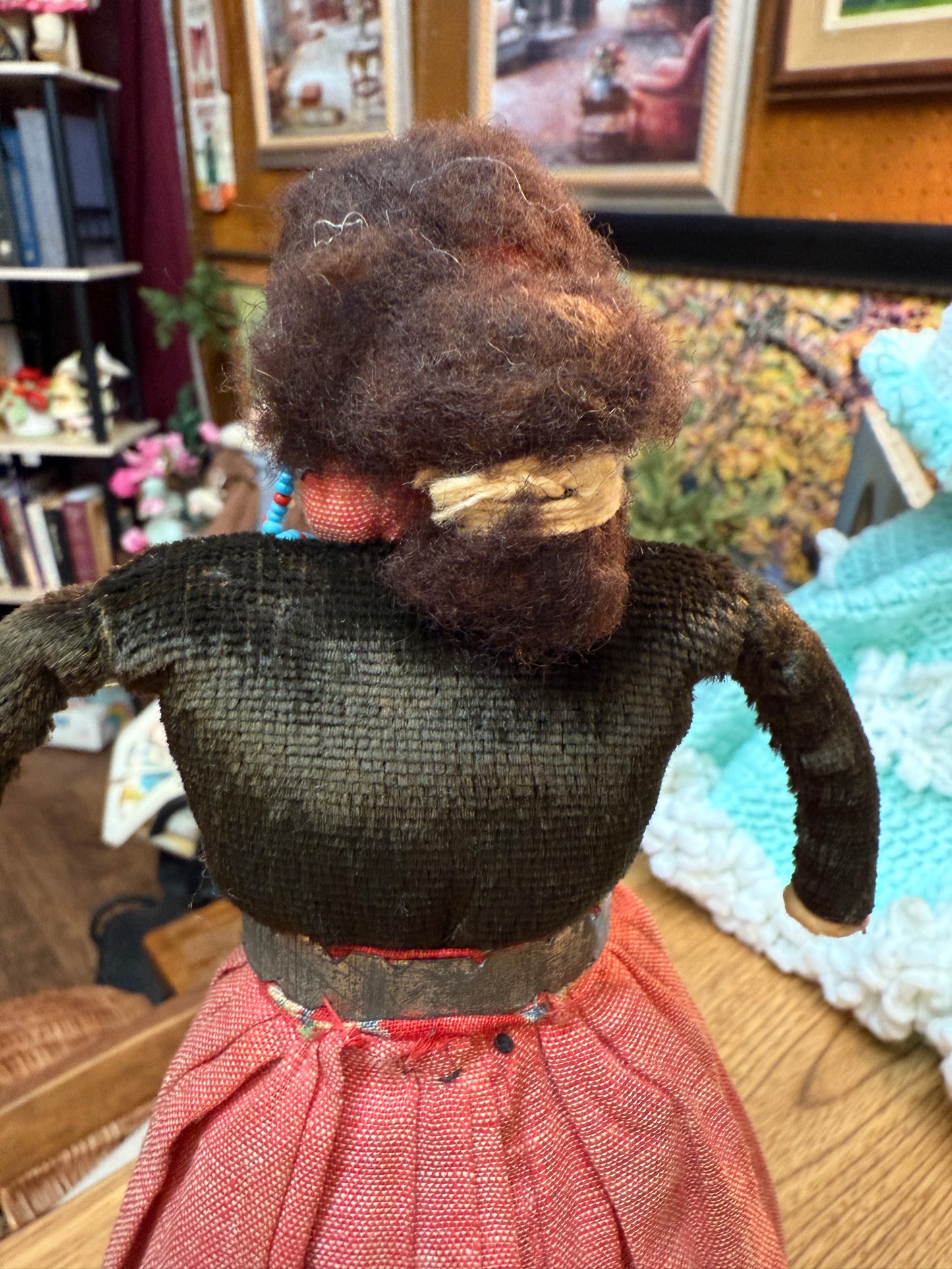 The Watcher in Red — Antique Cloth Doll with Beaded Necklace & Bound Legs