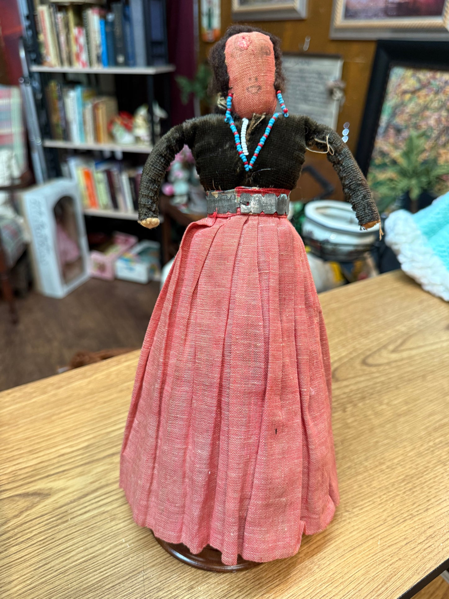 The Watcher in Red — Antique Cloth Doll with Beaded Necklace & Bound Legs