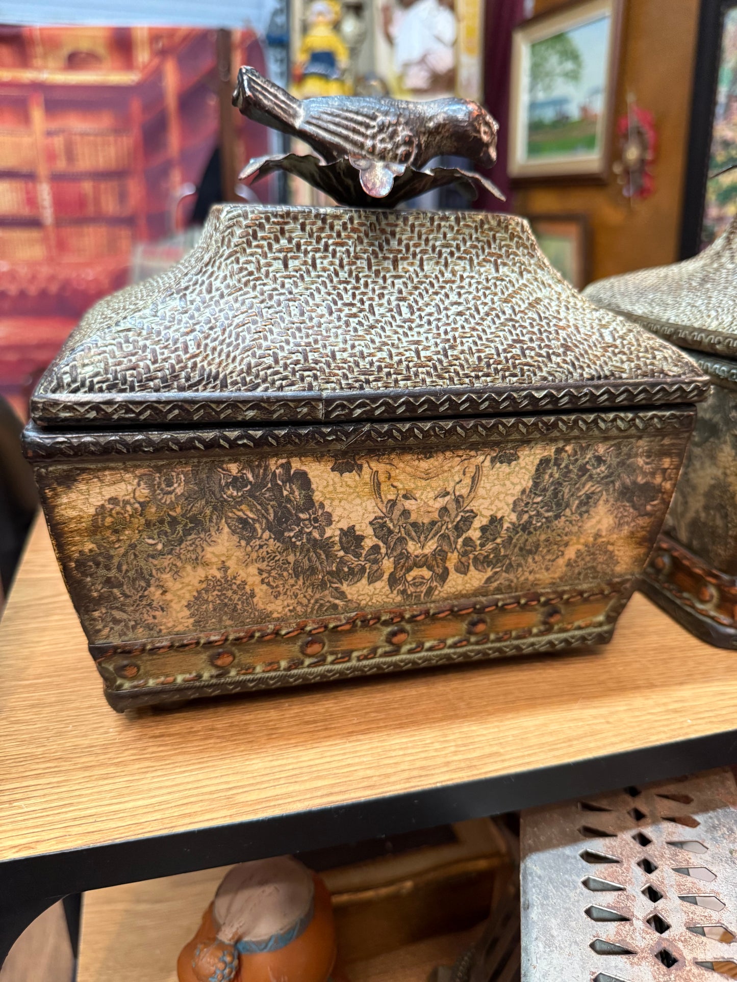 Victorian Style Lidded Boxes w/ Bird Finials – Floral Panels – Set of 2 – 9”