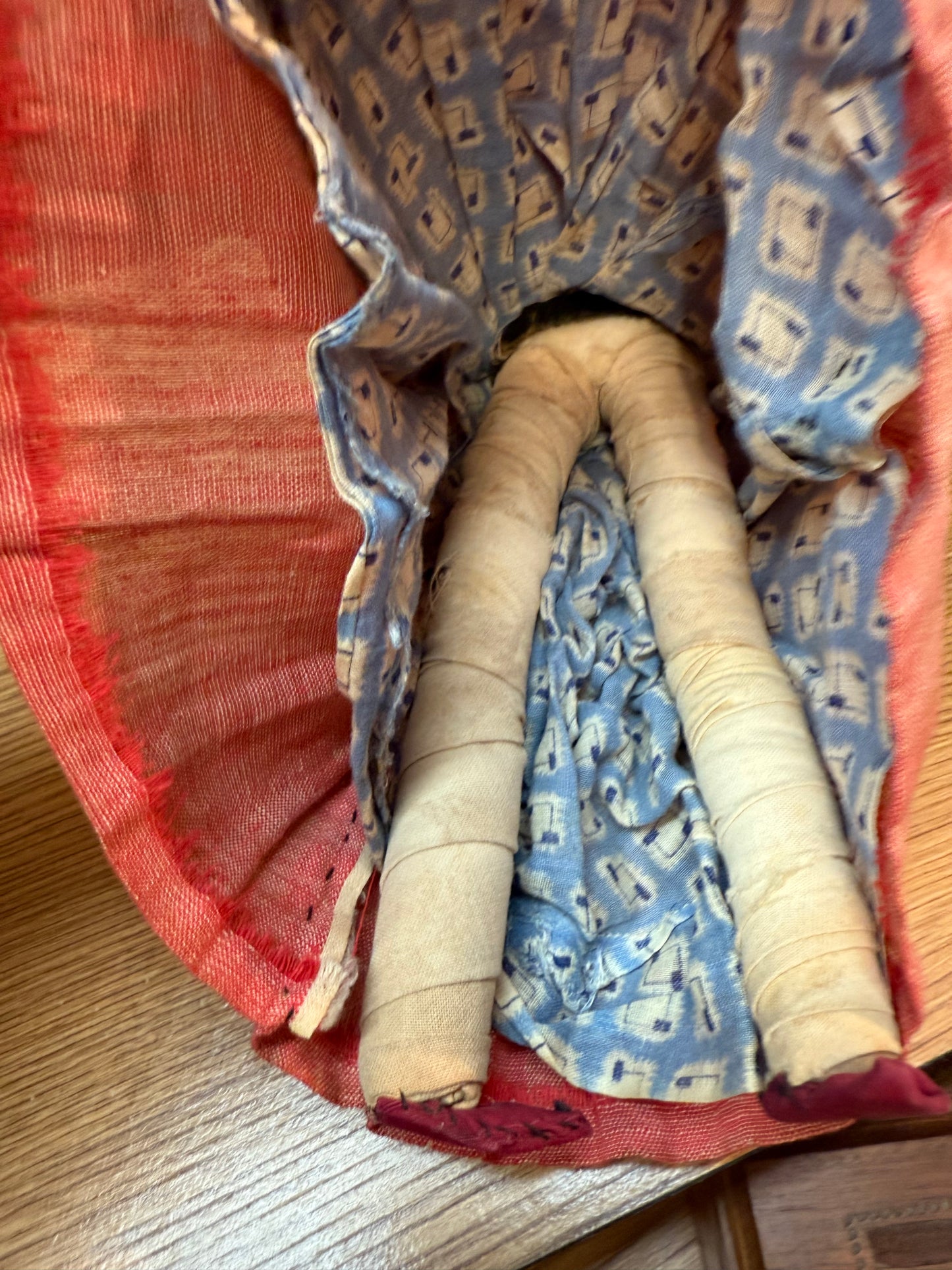 The Watcher in Red — Antique Cloth Doll with Beaded Necklace & Bound Legs