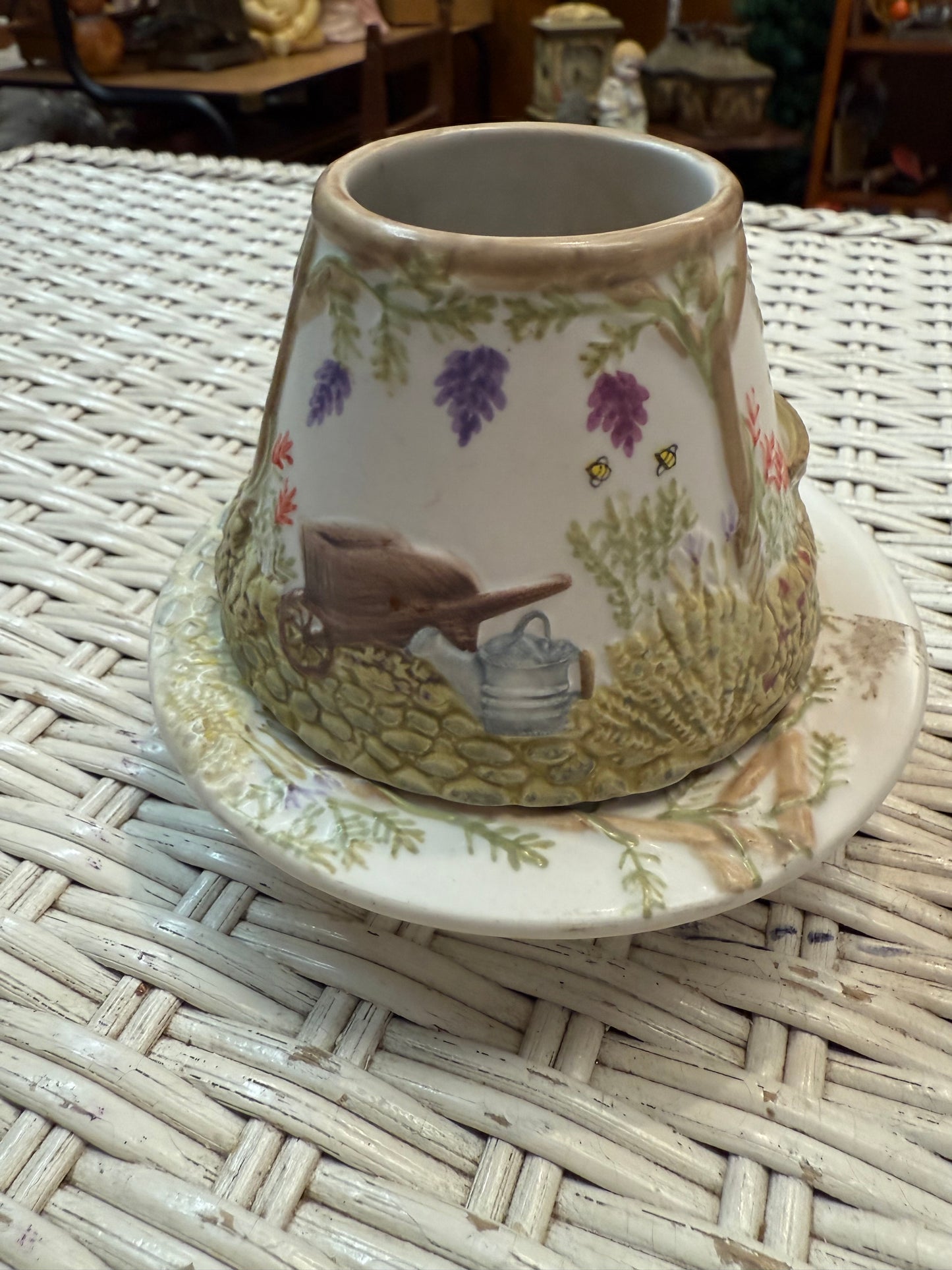 Diane Knott Candle Topper & Plate Set – Beehive Garden Scene – Ceramic