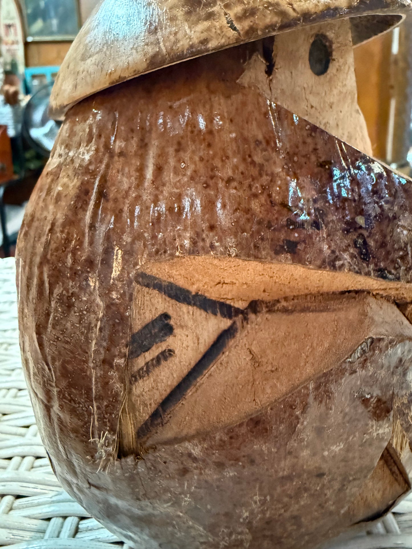 Vintage Carved Coconut Figurine – Hawaii Souvenir Tiki Folk Art – Angry Island Spirit?
