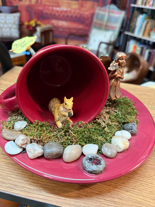 Whimsical “Fairies Welcome” Teacup Garden – Squirrel, Fairy, Moss & Magic!