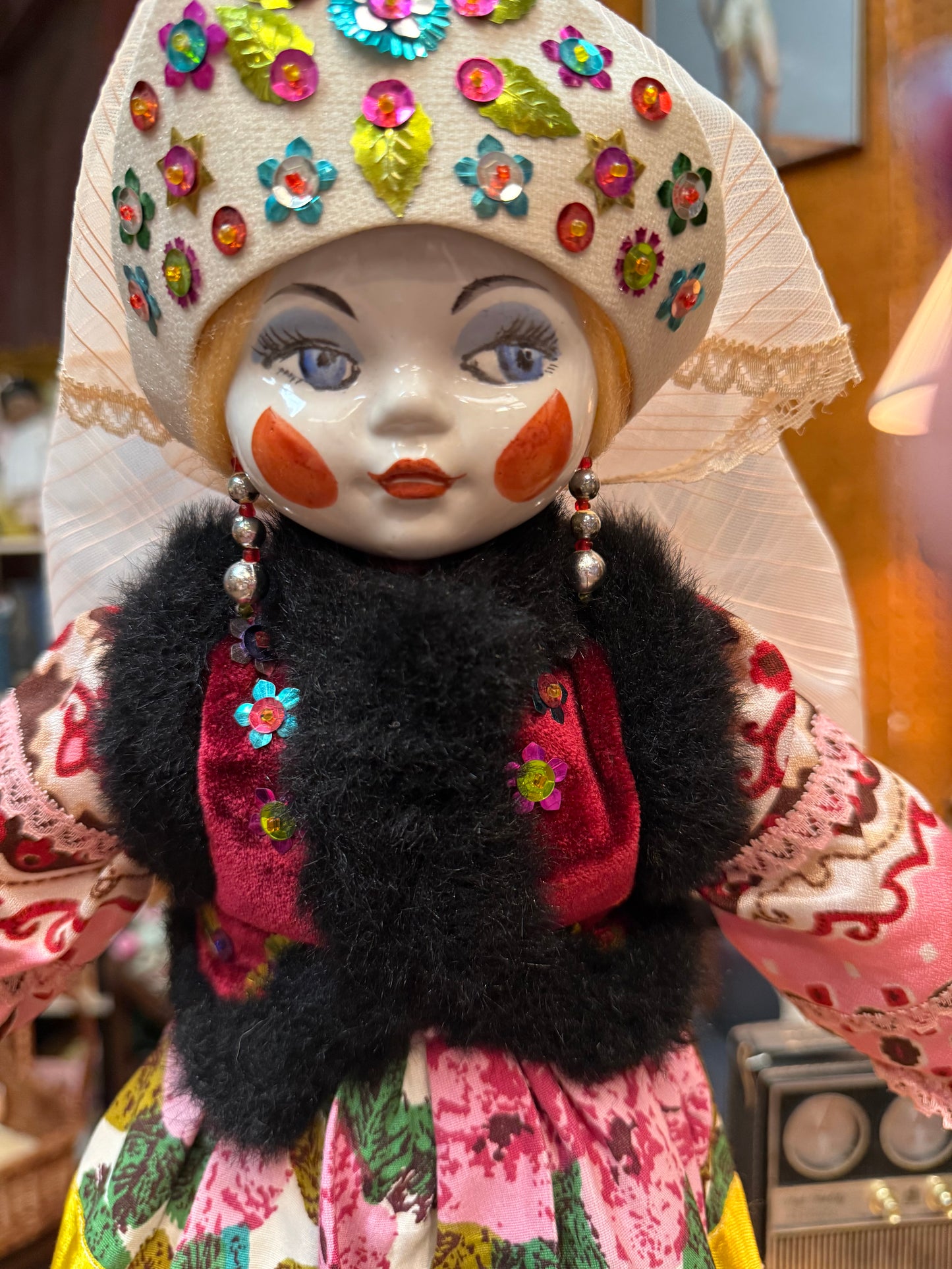Vintage Porcelain Folk Doll in Headdress – Haunted Slavic Spirit Guardian
