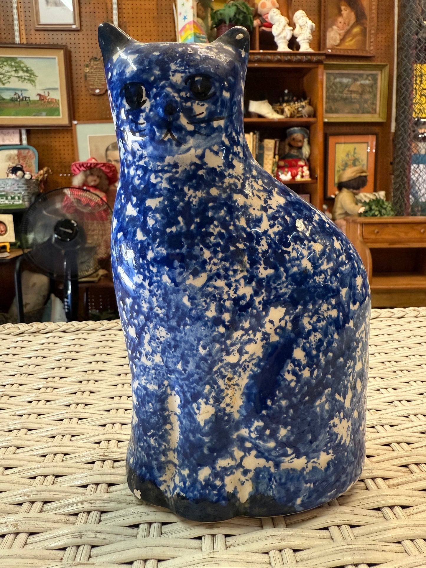 Splatter Cat Bank – Vintage Spongeware Blue Ceramic – Hand Painted Face