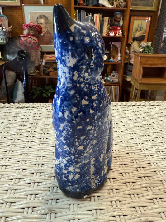 Splatter Cat Bank – Vintage Spongeware Blue Ceramic – Hand Painted Face