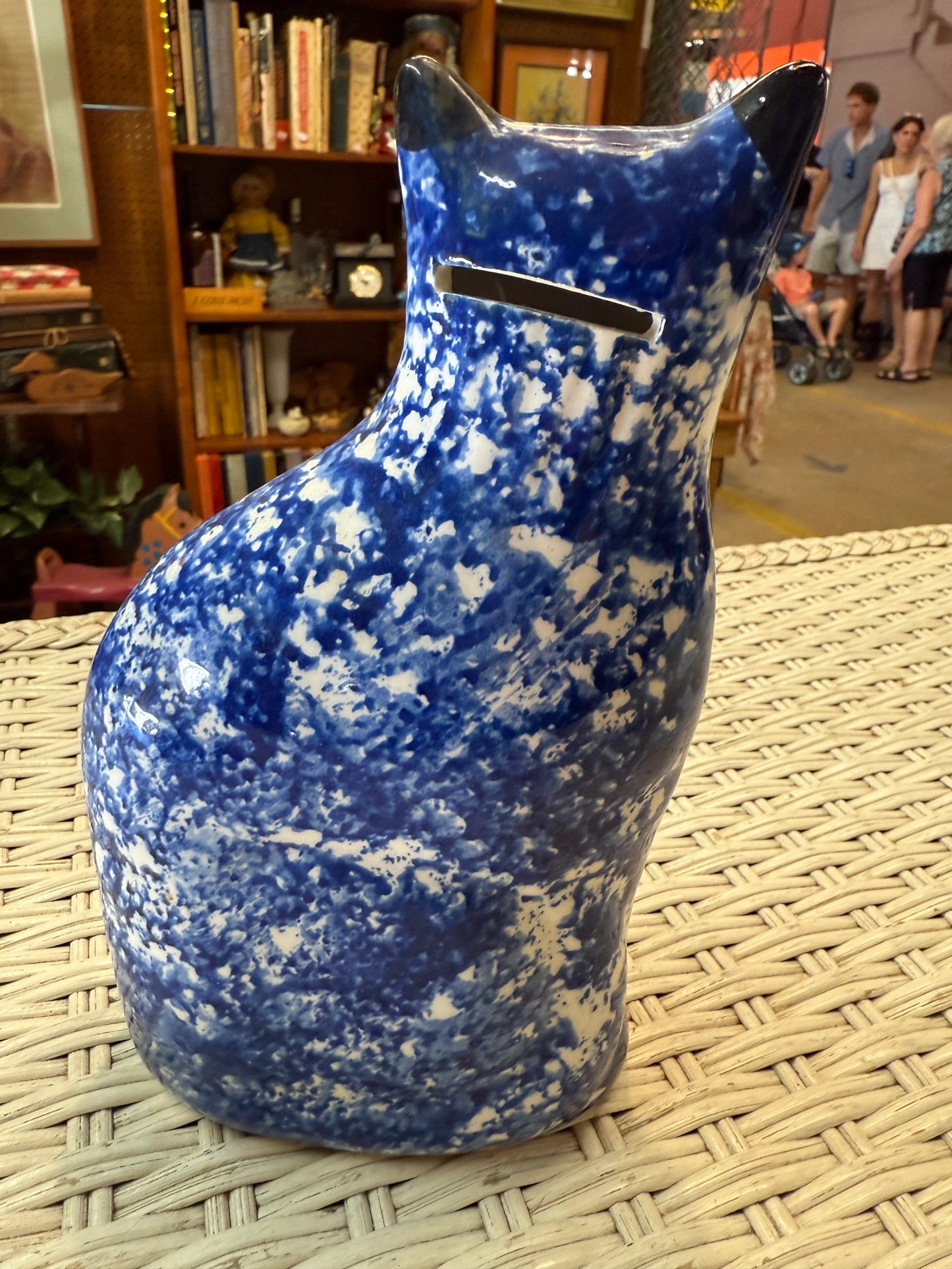Splatter Cat Bank – Vintage Spongeware Blue Ceramic – Hand Painted Face