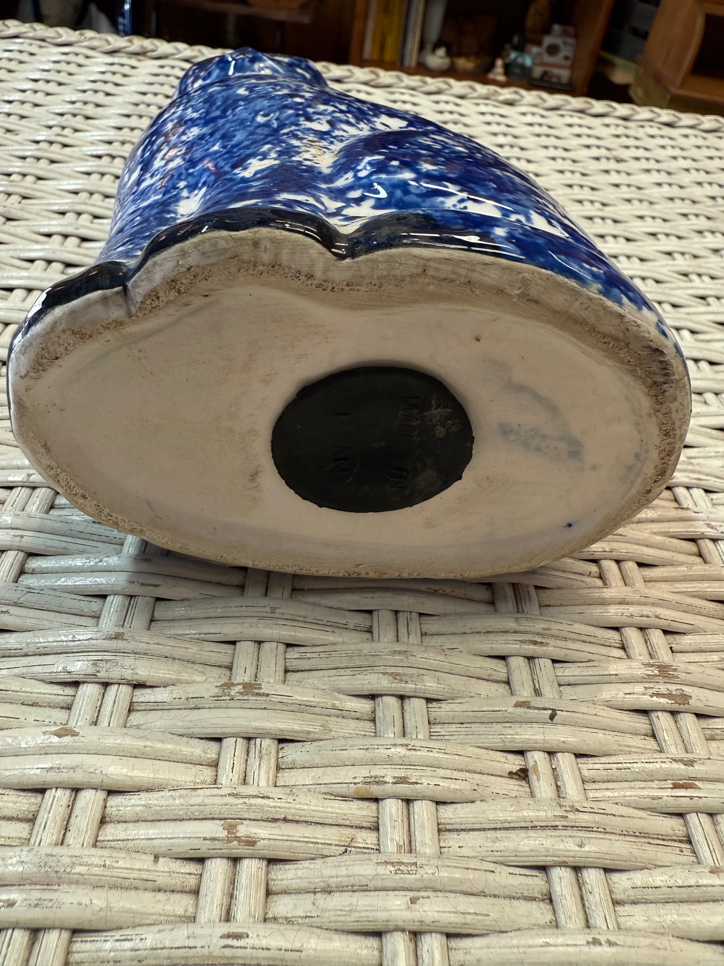 Splatter Cat Bank – Vintage Spongeware Blue Ceramic – Hand Painted Face