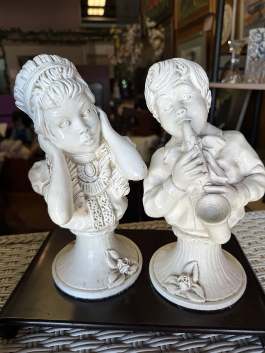 “Silent Melody” – Signed Kendrick ‘71 Figurine Set – Boy Playing Horn & Girl Covering Ears – Unsettling Vintage Pair