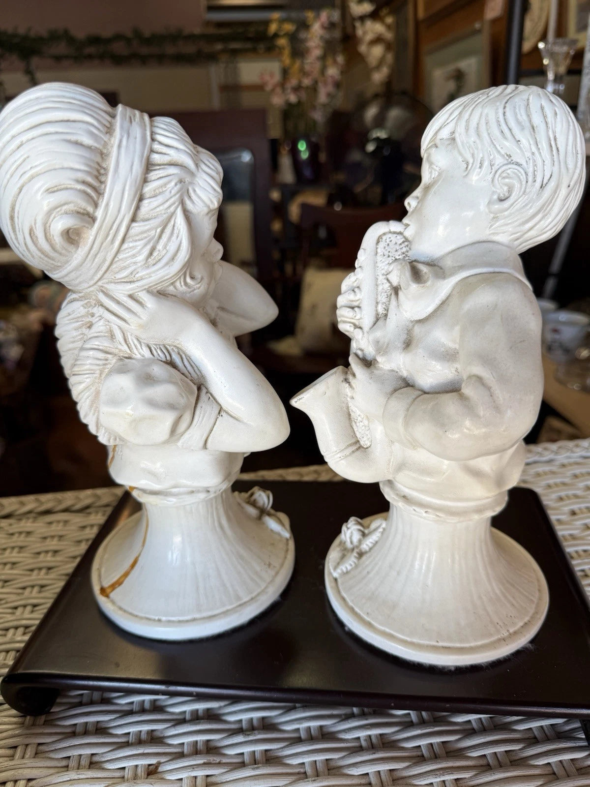 “Silent Melody” – Signed Kendrick ‘71 Figurine Set – Boy Playing Horn & Girl Covering Ears – Unsettling Vintage Pair