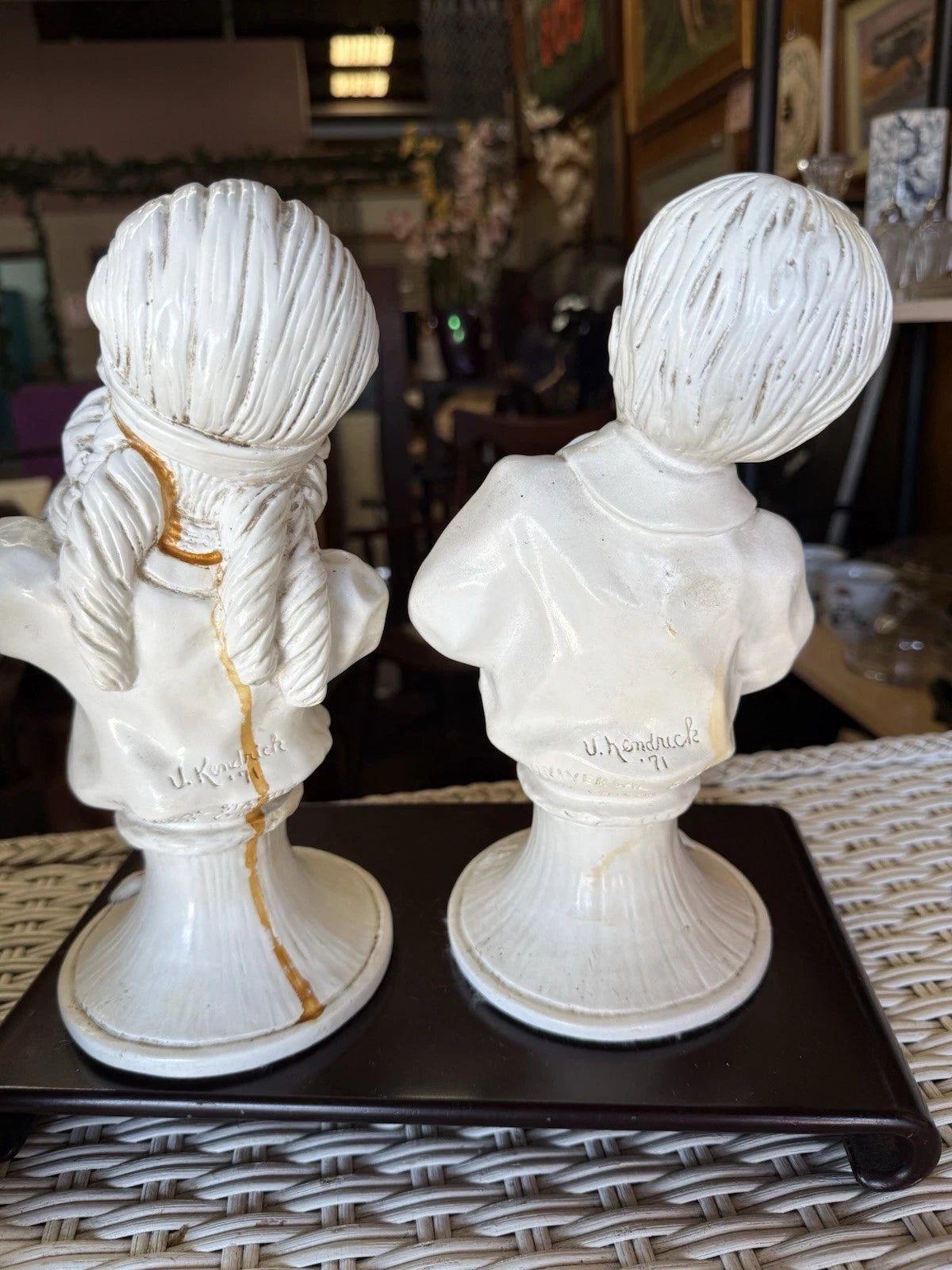 “Silent Melody” – Signed Kendrick ‘71 Figurine Set – Boy Playing Horn & Girl Covering Ears – Unsettling Vintage Pair
