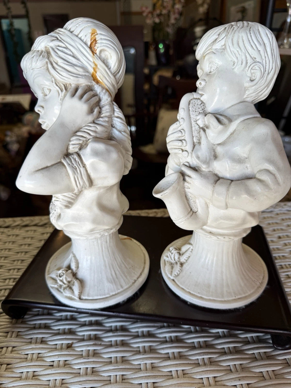 “Silent Melody” – Signed Kendrick ‘71 Figurine Set – Boy Playing Horn & Girl Covering Ears – Unsettling Vintage Pair