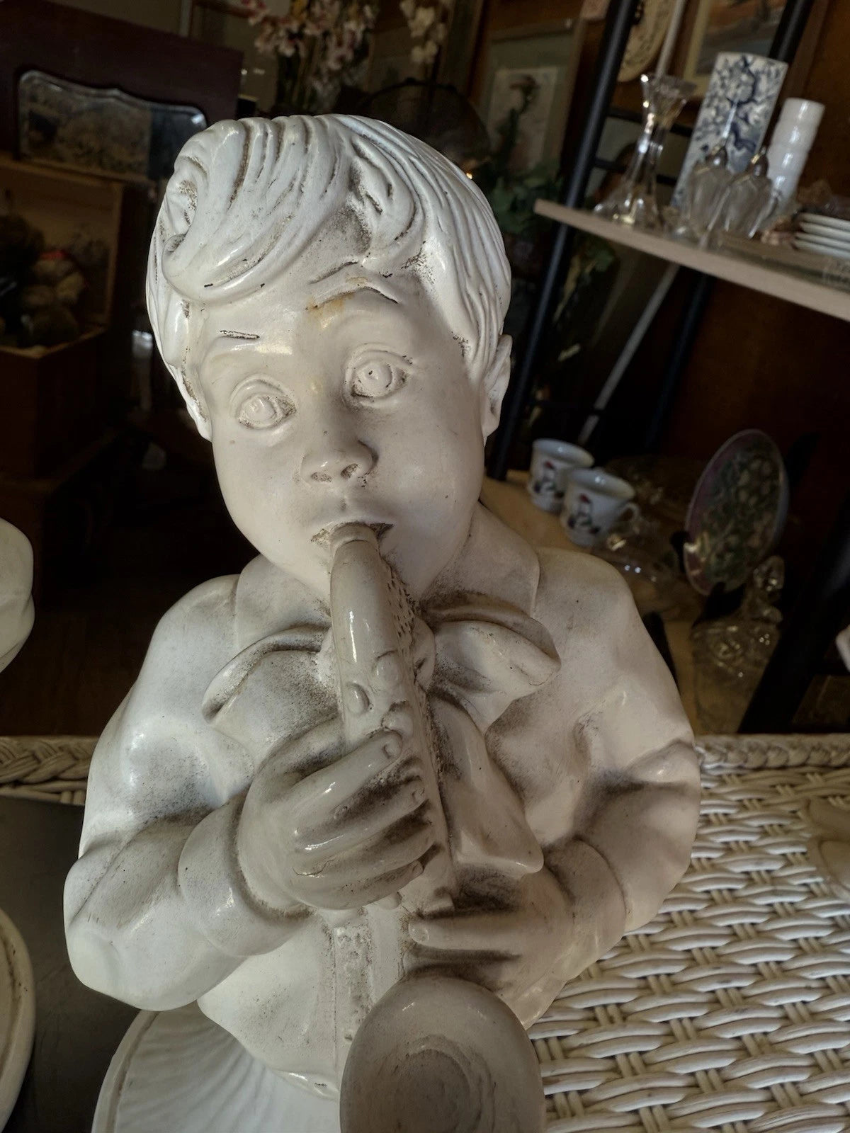 “Silent Melody” – Signed Kendrick ‘71 Figurine Set – Boy Playing Horn & Girl Covering Ears – Unsettling Vintage Pair