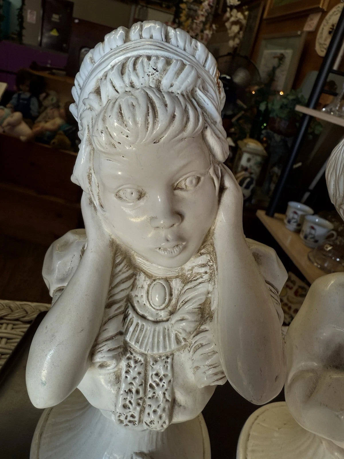 “Silent Melody” – Signed Kendrick ‘71 Figurine Set – Boy Playing Horn & Girl Covering Ears – Unsettling Vintage Pair