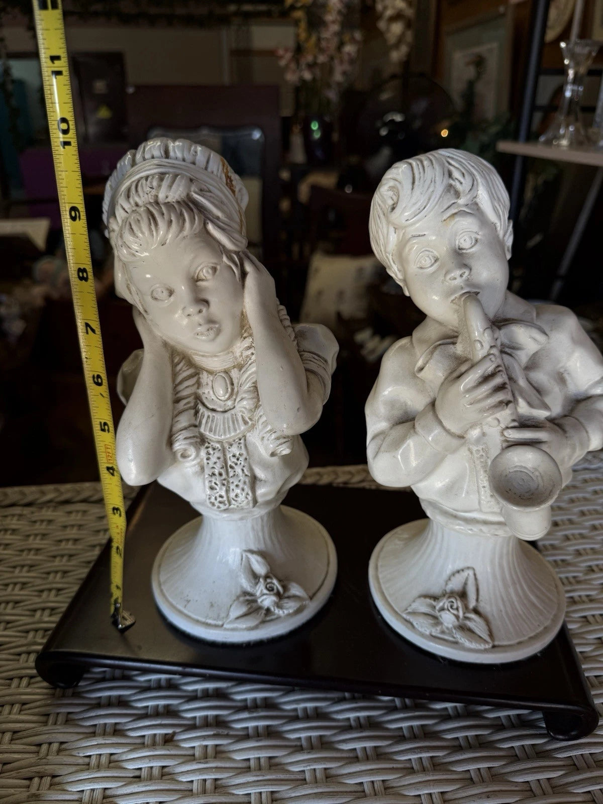 “Silent Melody” – Signed Kendrick ‘71 Figurine Set – Boy Playing Horn & Girl Covering Ears – Unsettling Vintage Pair