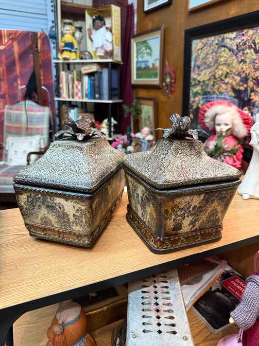 Victorian Style Lidded Boxes w/ Bird Finials – Floral Panels – Set of 2 – 9”