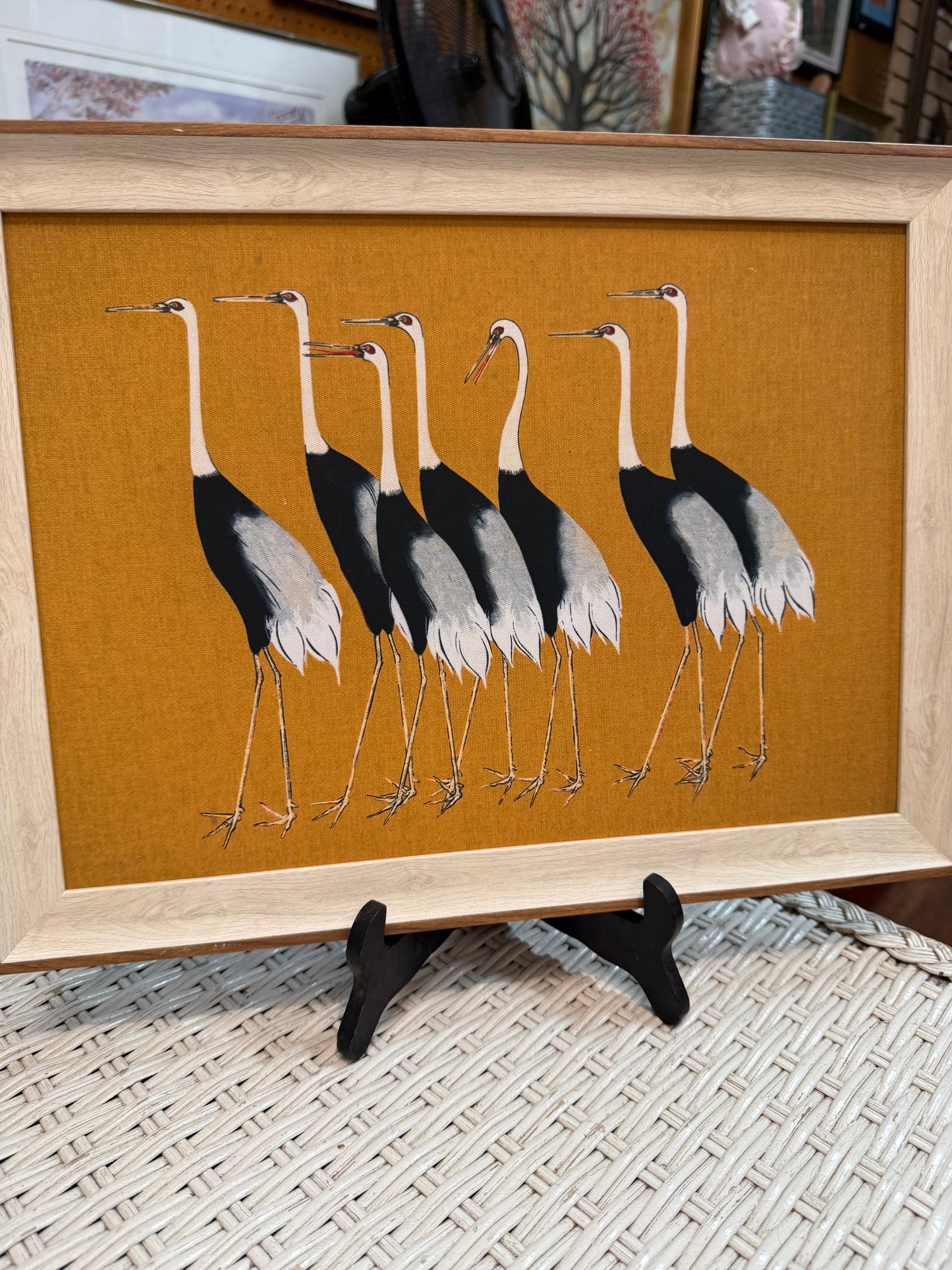 Gathering of Cranes — Mid-Century Japanese Textile Art (Framed, 16x12)
