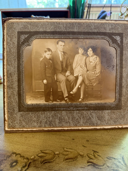 Antique Sepia Family Portrait – 1920s Formal Photograph in Original Folio Frame