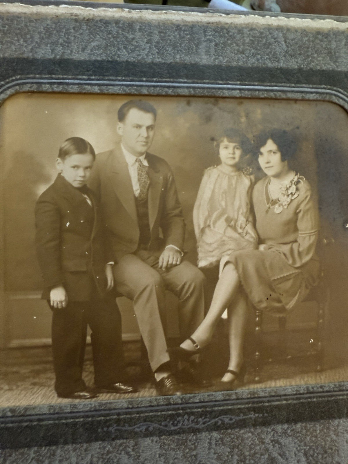 Antique Sepia Family Portrait – 1920s Formal Photograph in Original Folio Frame