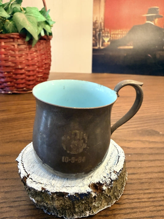 Reed & Barton Silverplate Baby Cup Blue Enamel Interior Vintage #866 1984