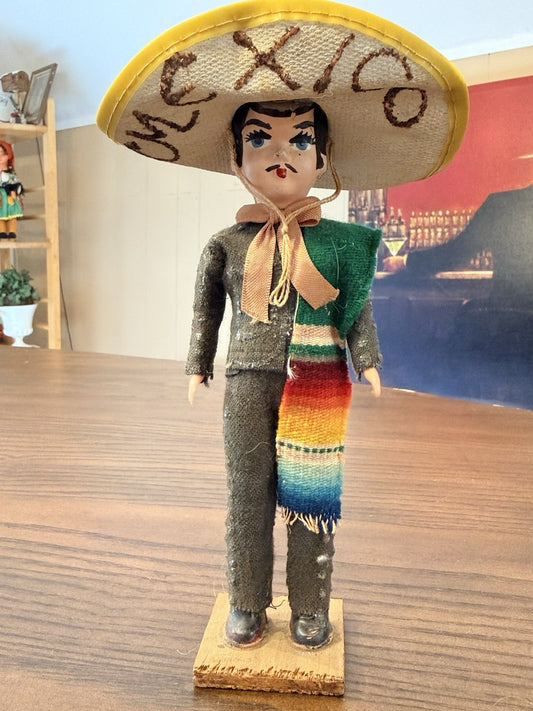 Mexican Charro Folk Doll Hand Painted Horseman Cowboy Sombrero 1960s Vintage