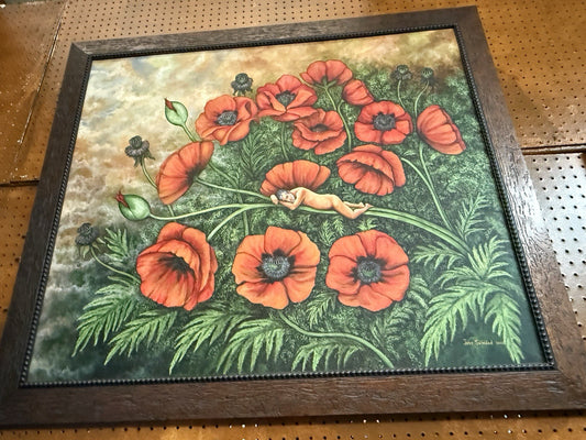 Miniature Naked Man In Poppy Field Signed Framed Artwork Original Painting