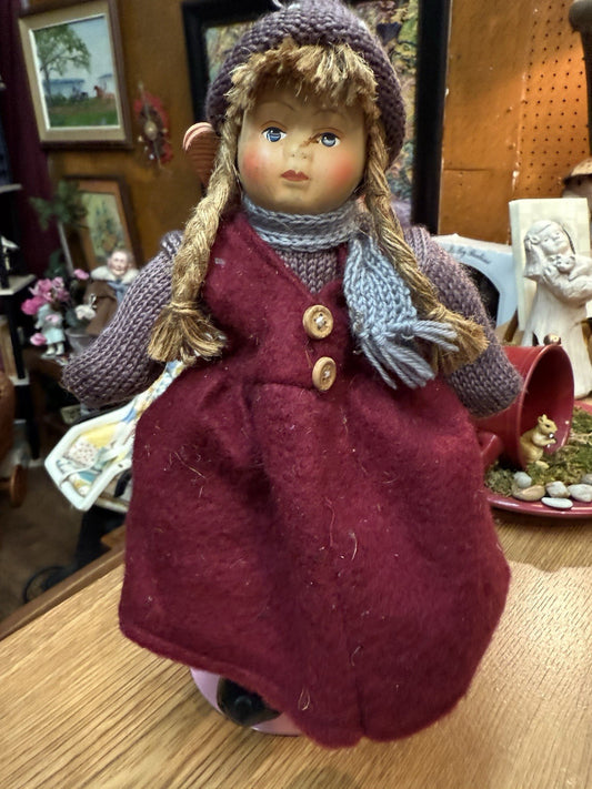 Haunted Skier Girl Doll 12” – Wooden Skis – Winter Lodge Spirit