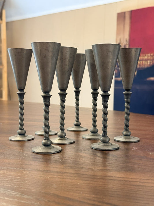 Vintage Pewter Cordial Goblets Set of 8 – Twisted Stem Shot Glasses – 7” Barware