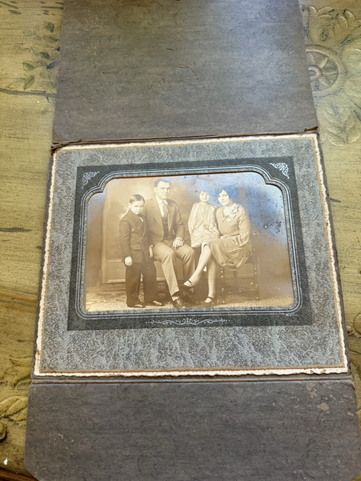Antique Sepia Family Portrait – 1920s Formal Photograph in Original Folio Frame