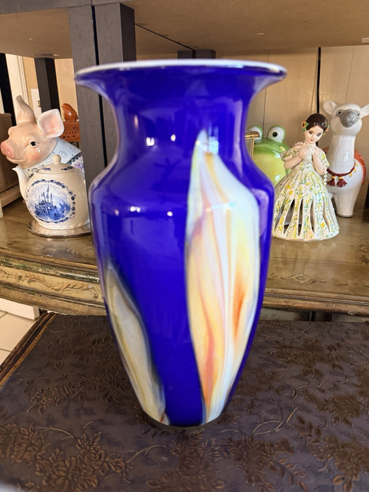 Vintage Hand Blown Art Glass Vase Cobalt Blue Swirl Tall Statement Vase