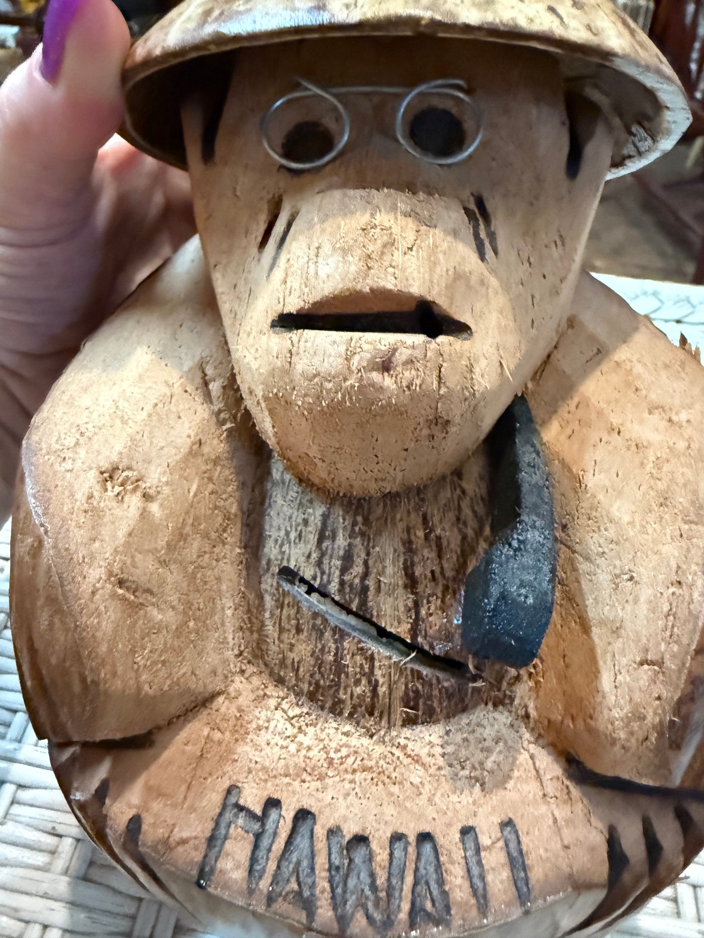 Vintage Carved Coconut Figurine – Hawaii Souvenir Tiki Folk Art – Angry Island Spirit?