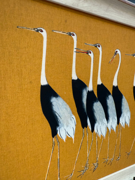 Gathering of Cranes — Mid-Century Japanese Textile Art (Framed, 16x12)