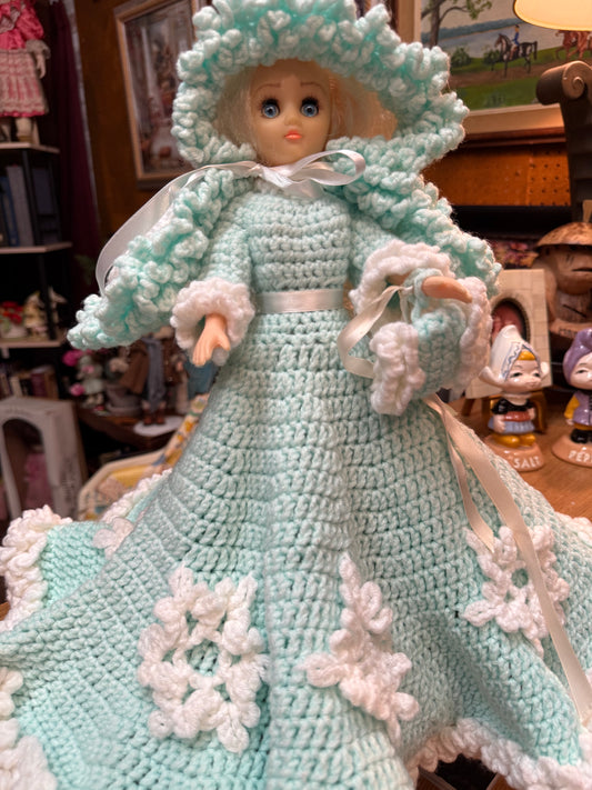 The Quiet Visitor — Handmade Crocheted Doll in Turquoise with Muff Hand Warmer