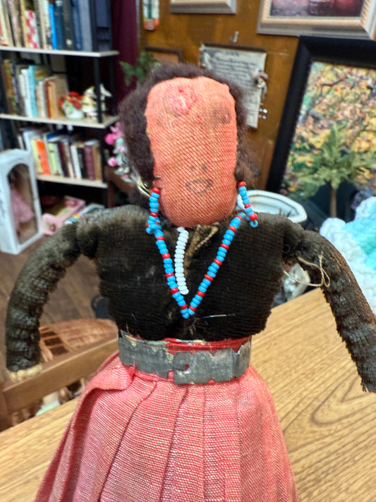 The Watcher in Red — Antique Cloth Doll with Beaded Necklace & Bound Legs