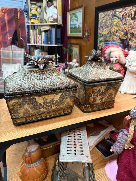 Victorian Style Lidded Boxes w/ Bird Finials – Floral Panels – Set of 2 – 9”