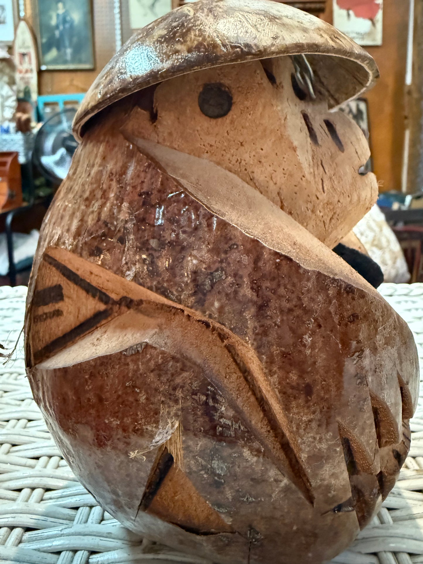 Vintage Carved Coconut Figurine – Hawaii Souvenir Tiki Folk Art – Angry Island Spirit?