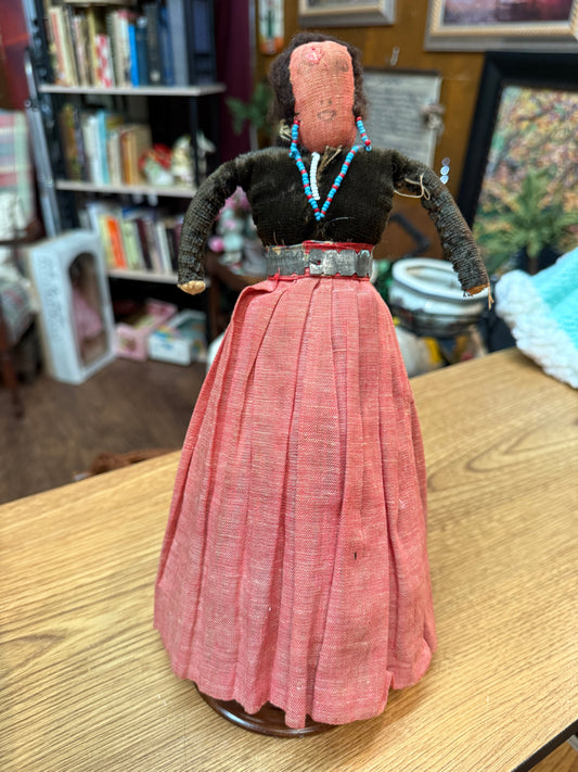 The Watcher in Red — Antique Cloth Doll with Beaded Necklace & Bound Legs