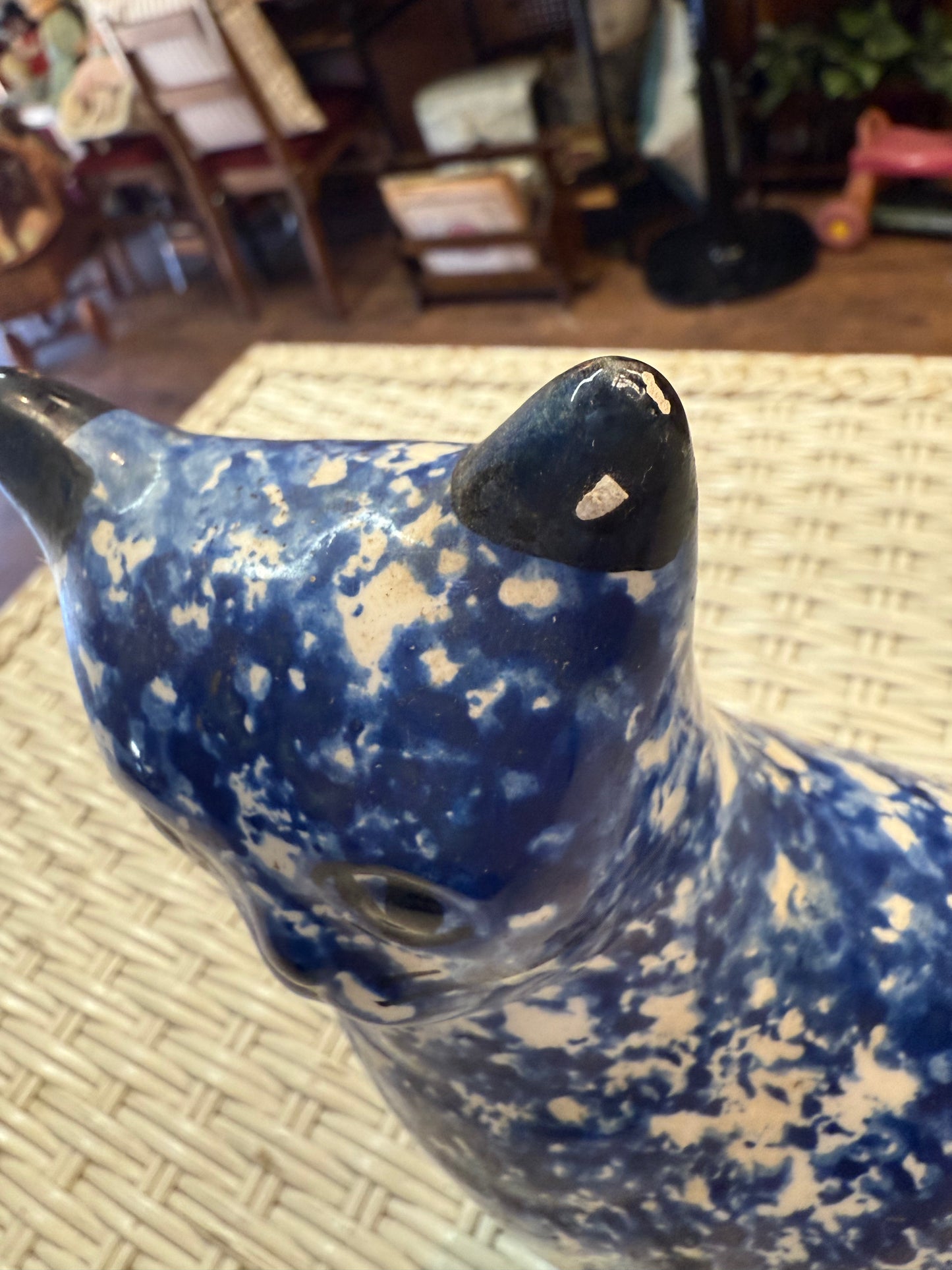 Splatter Cat Bank – Vintage Spongeware Blue Ceramic – Hand Painted Face