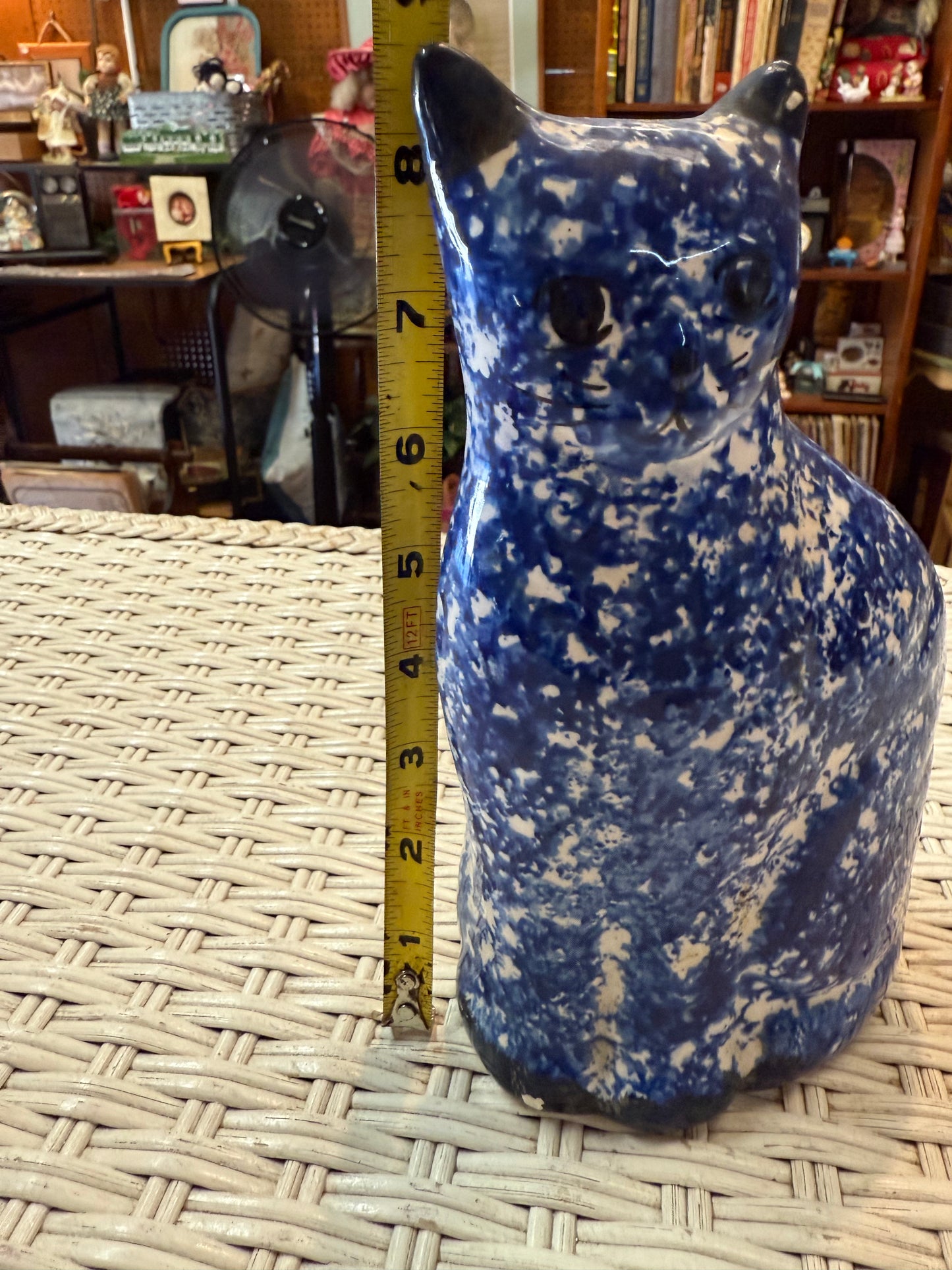 Splatter Cat Bank – Vintage Spongeware Blue Ceramic – Hand Painted Face
